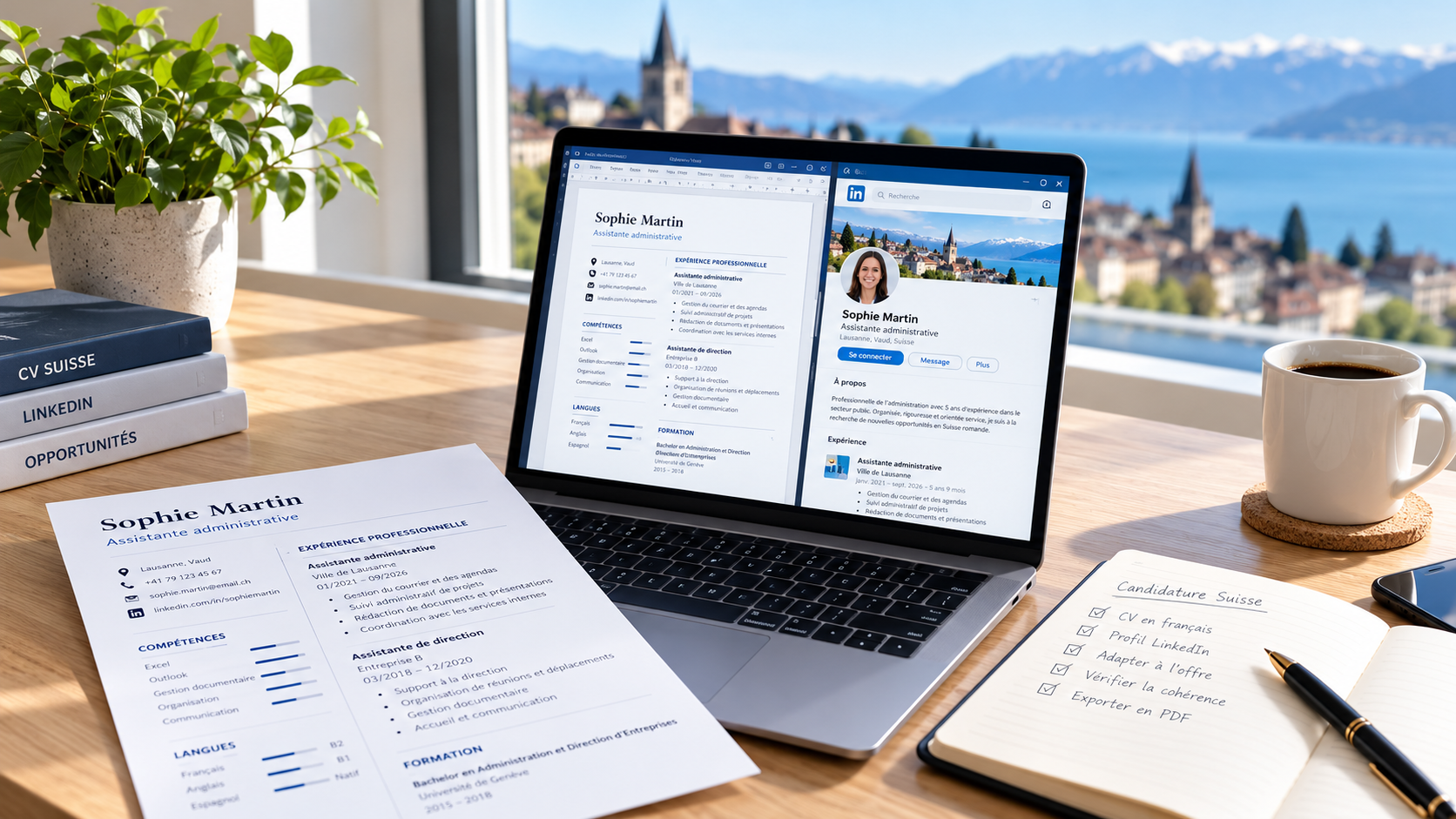 Espacio de trabajo con un currículum en francés y un perfil profesional en LinkedIn, con Lausanne y el lago Lemán al fondo