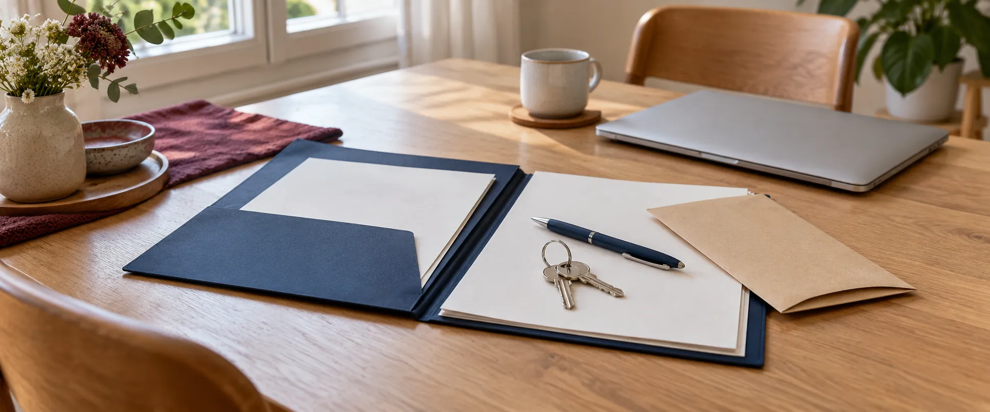 Carpeta con documentos, bolígrafo y llaves sobre una mesa para ilustrar la preparación de una candidatura de alquiler