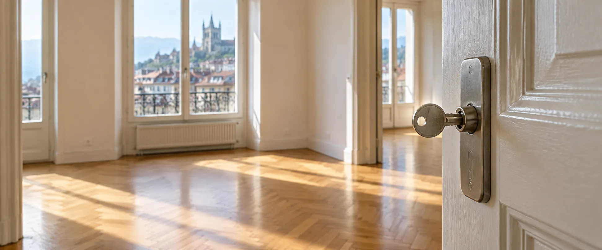 Llave en la puerta abierta de un apartamento luminoso con suelo de parquet y vistas urbanas
