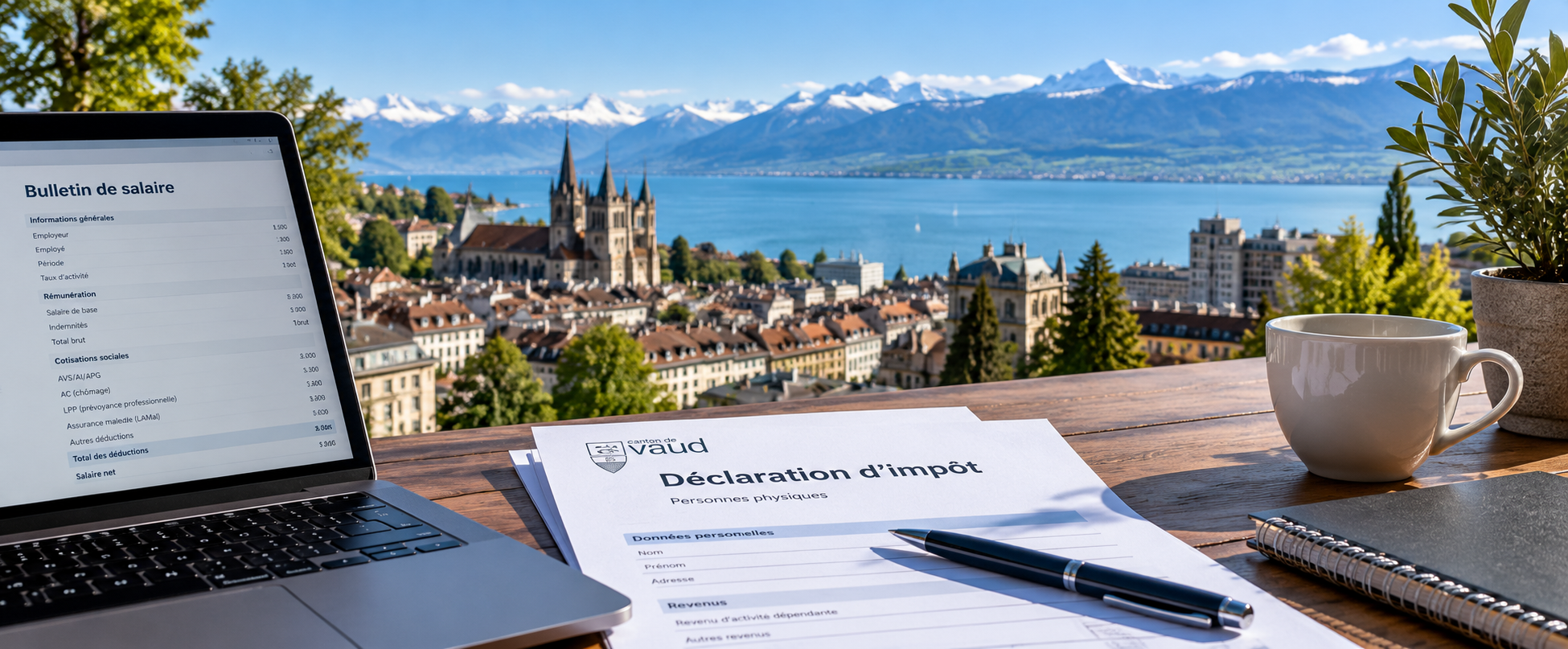 Documentos ilustrativos de nómina y declaración de impuestos en un escritorio con vistas a Lausanne y al lago Lemán