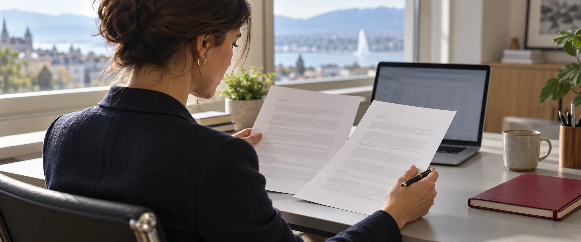 Profesional revisando documentos de una propuesta laboral junto a un ordenador