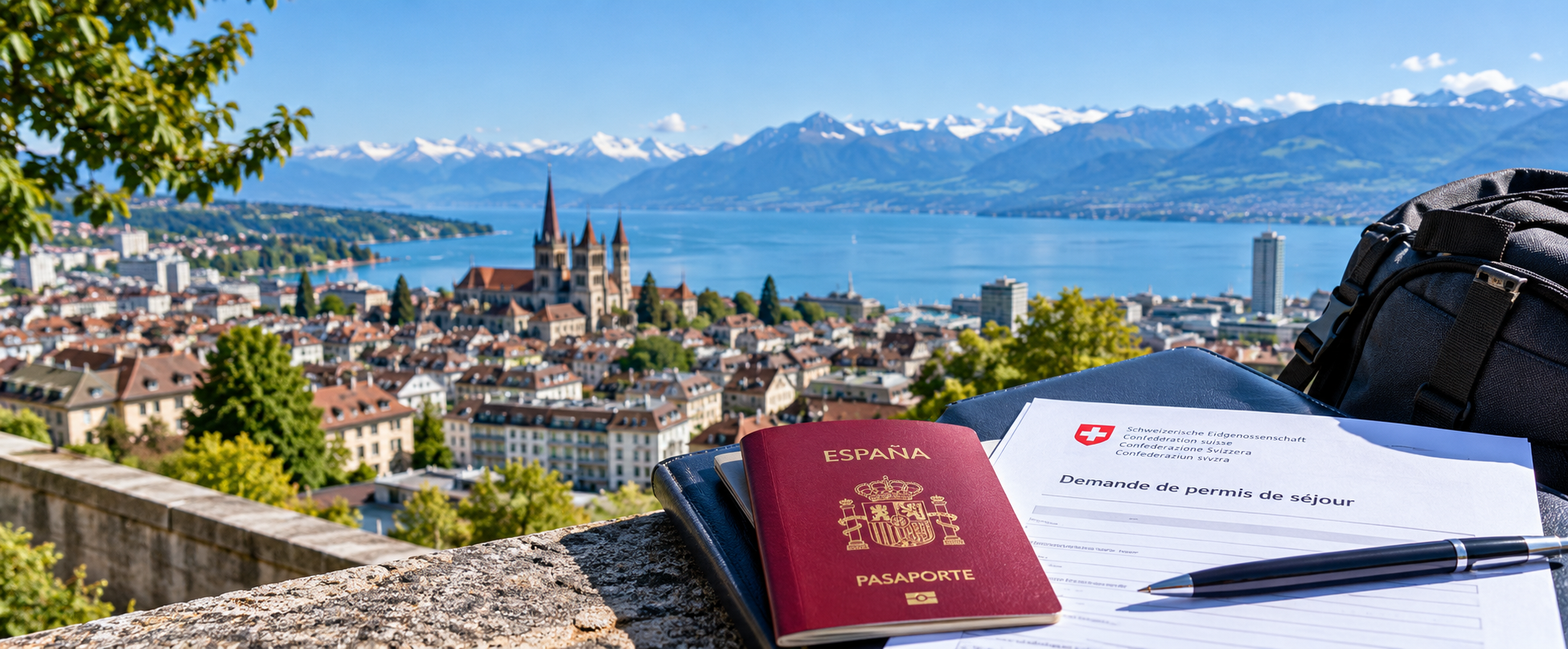 Pasaporte español y documentación de residencia con Lausanne y el lago Lemán al fondo